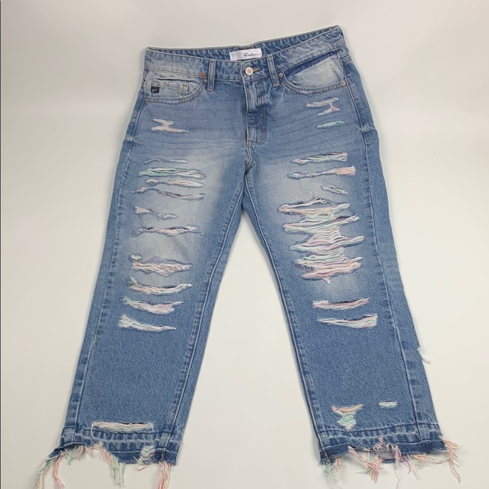 KanCan Blue Ankle Cropped Jeans Multicolored thread Distressed raw hem 9/28